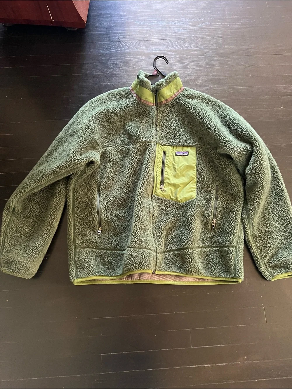 Patagonia Olive Green Sherpa Fleece Jacket with Lime Pocket